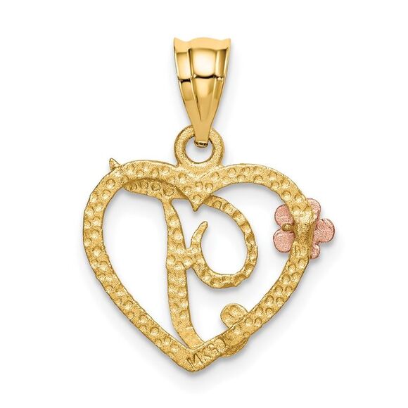 14k Two Tone Gold Grace Collection 15mm Heart Initial T Pendant - Picture 3 of 5